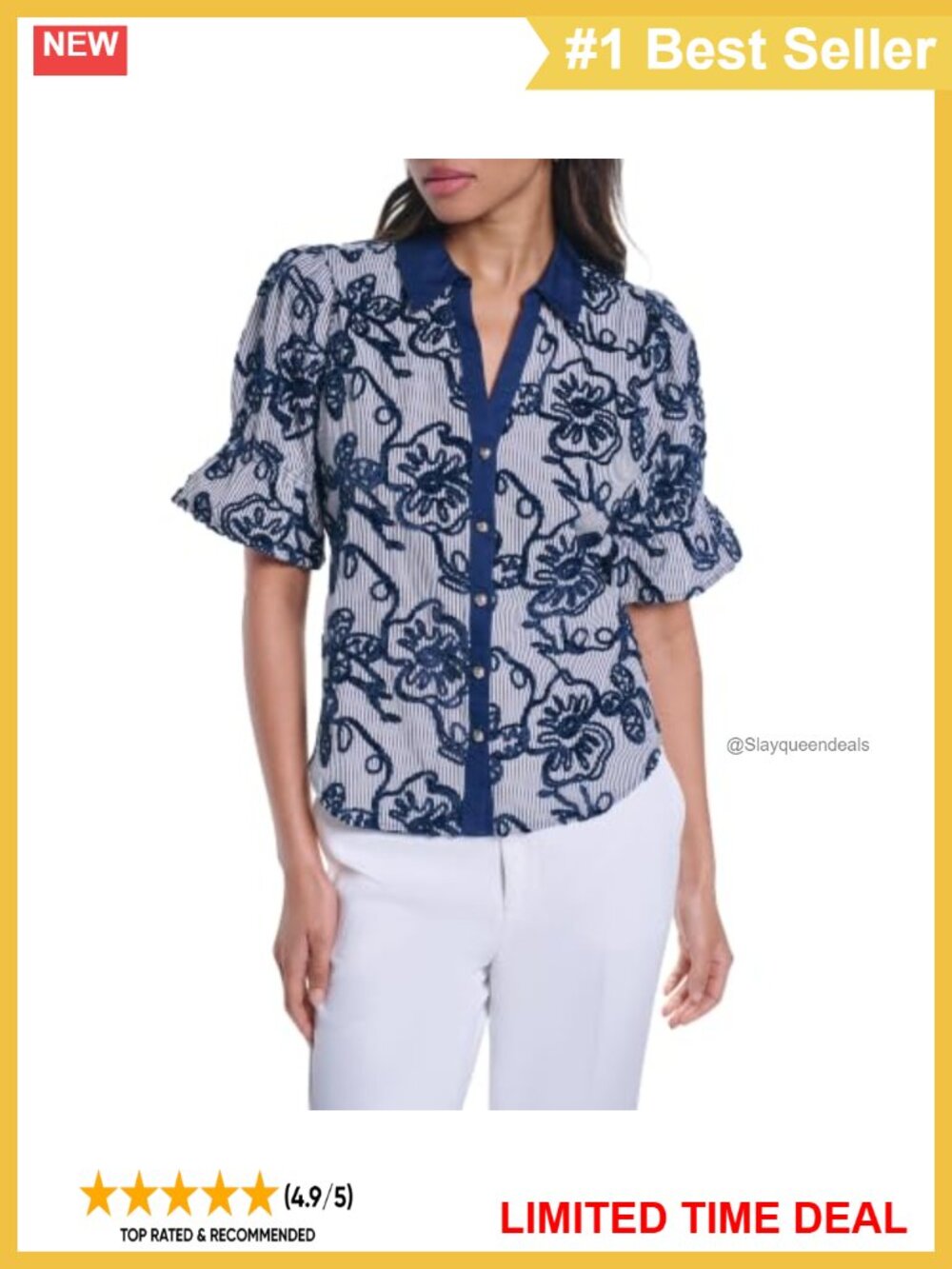 Floral Button-Down Blouse 3/4 Sleeve Collared Cotton Work Top
